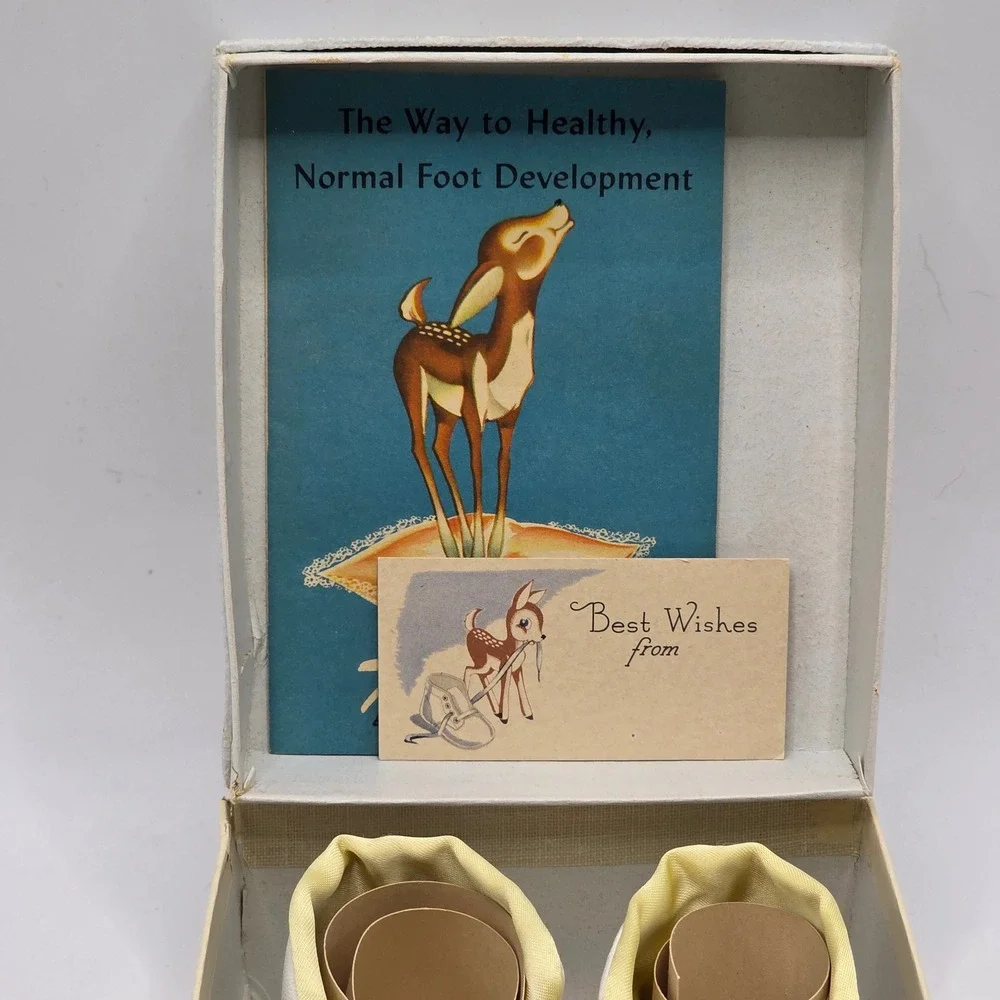 Trimfoot Baby Deer Shoes Infant White Yellow Ribbon Tie Vintage 1950s